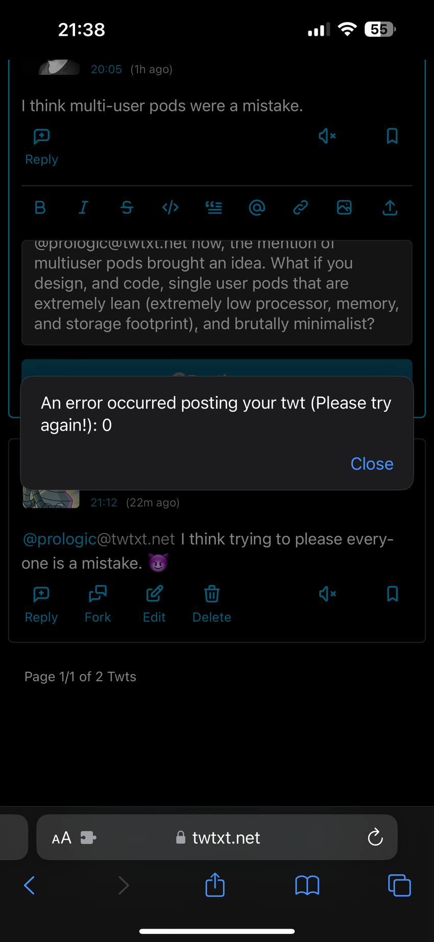 Screenshot of an error