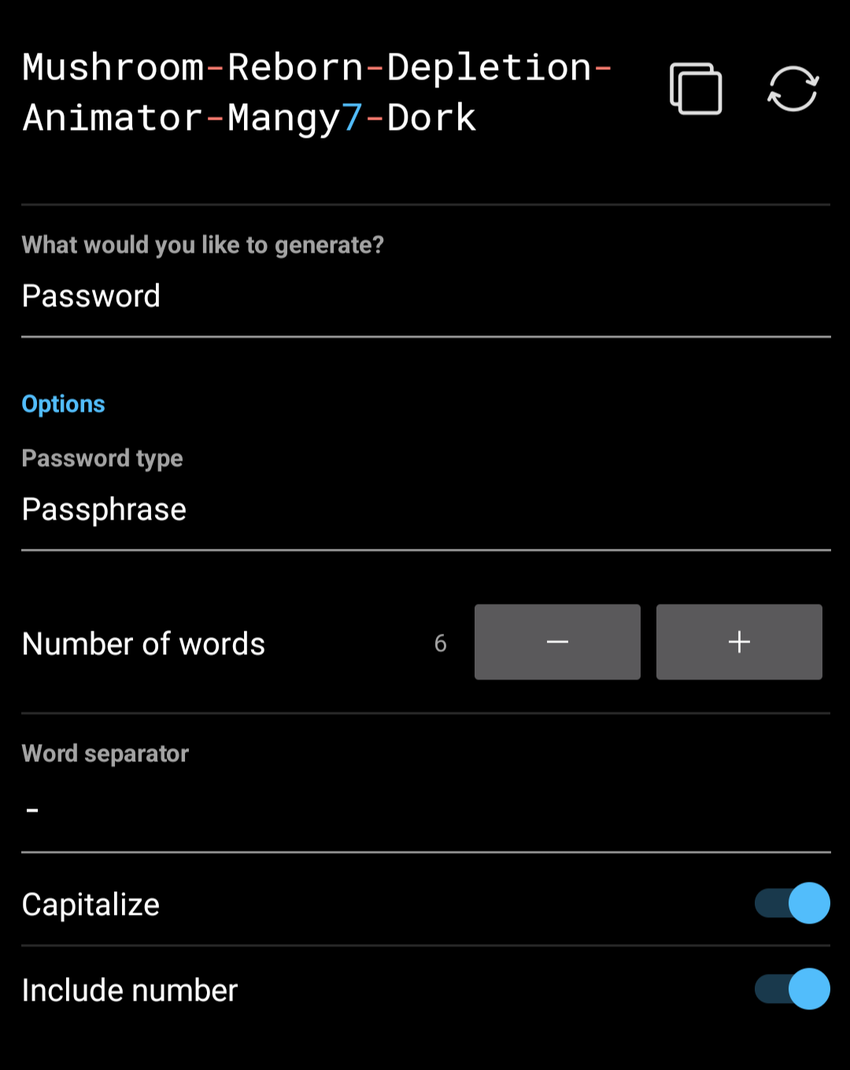 Screenshot of Pass phrase generation in BitWarden