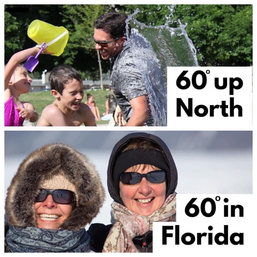 Image mocking Floridians, who bundle up with a 60°F temperature, while people up north play with water on similar weather